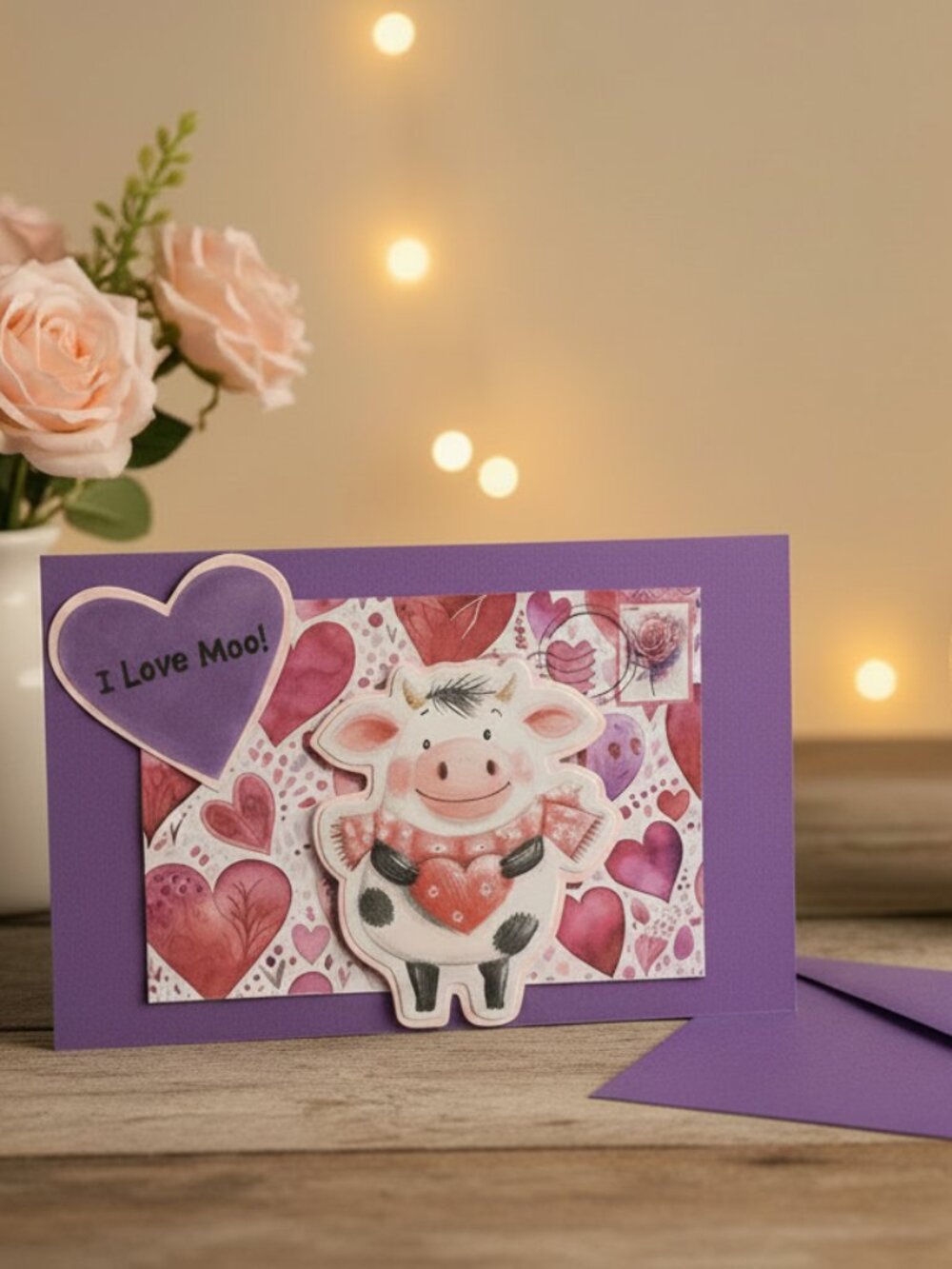 I Love Moo! Funny Cow Valentine Card with Envelope | Handmade Greeting Card